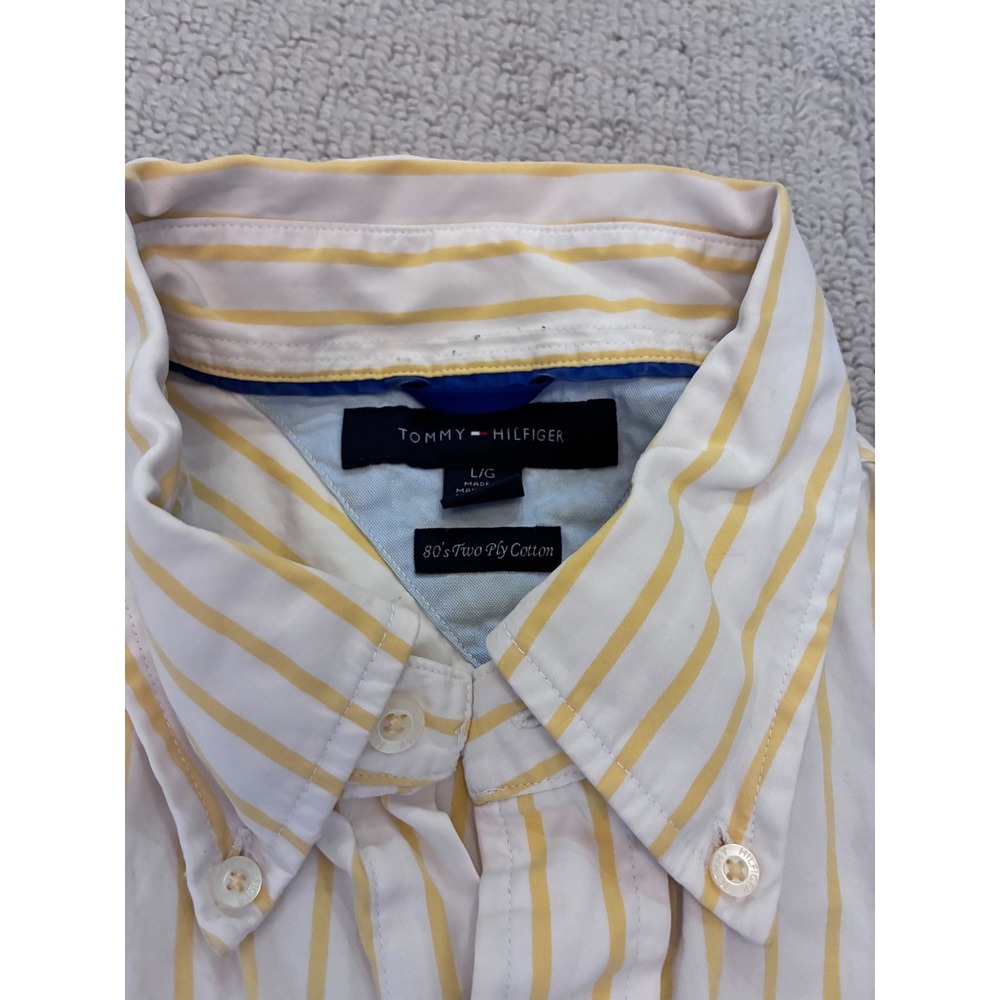Tommy Hilfiger Mens Large Yellow White Striped 80s Two Ply Cotton Button Down